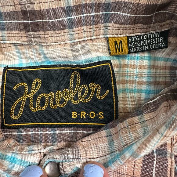 Howler Men's Button-Up Plaid Brown/Blue Snap Button Size M Short Sleeve Casual - Picture 4 of 5